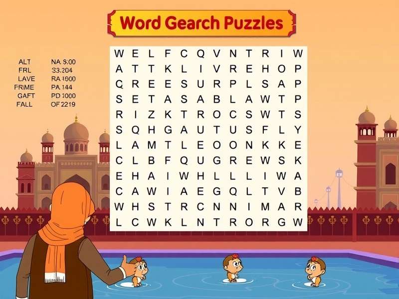 वर्ड सर्च पज़ल गेम का उदाहरण दिखाता ग्रिड