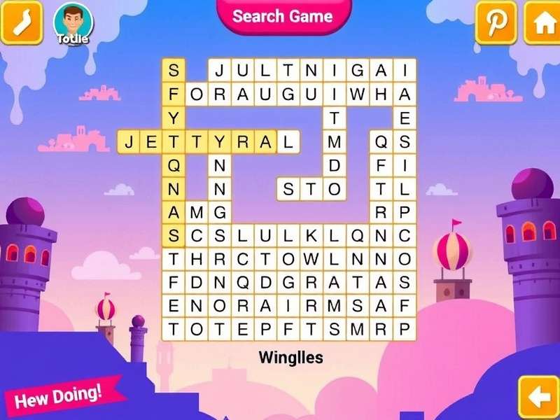 Word Search Game Screen showing Hindi and English words in a puzzle grid