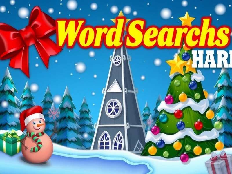 A person solving a difficult Christmas word search puzzle with festive decorations in the background