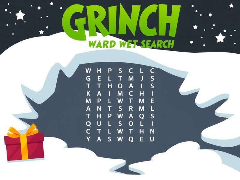 Festive word search puzzle with Christmas and Grinch themed words