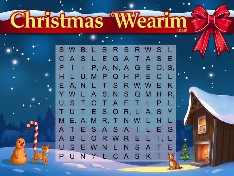 Festive Christmas word search puzzle with holly and pen