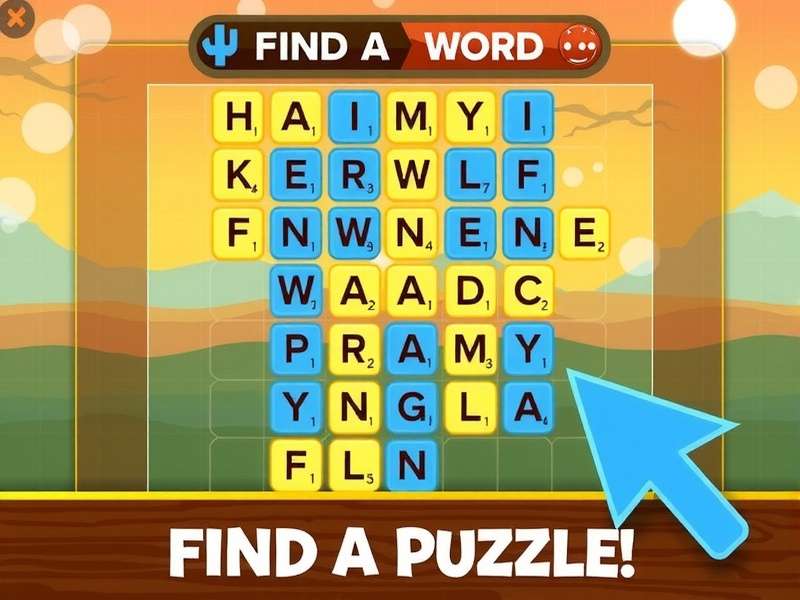 A colorful word search puzzle grid with highlighted words