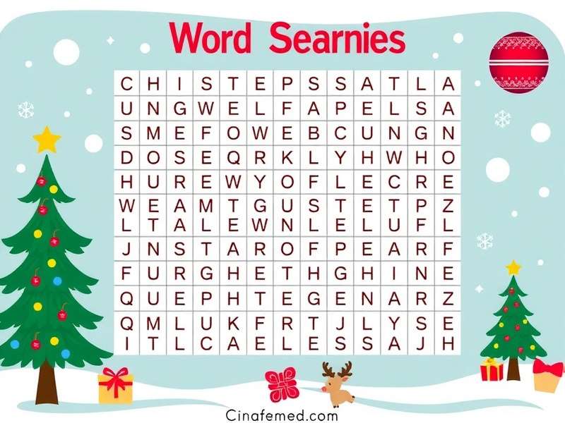 Christmas Word Search Puzzle printable sheet with festive decorations