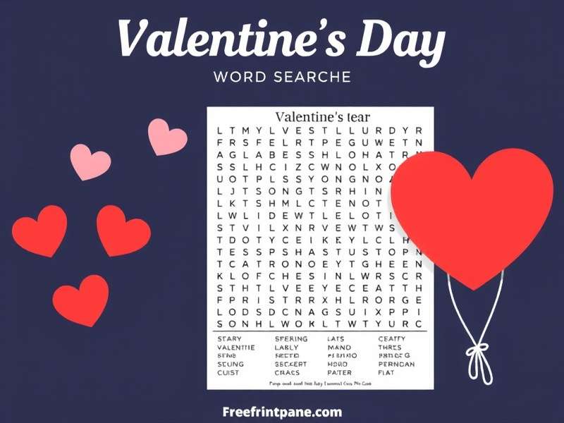 Colorful Valentine's Day Word Search puzzle with hearts and love terms