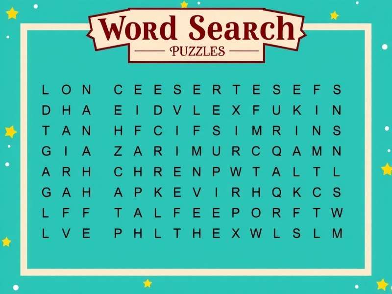 A colorful collection of printable word search puzzles on a wooden table