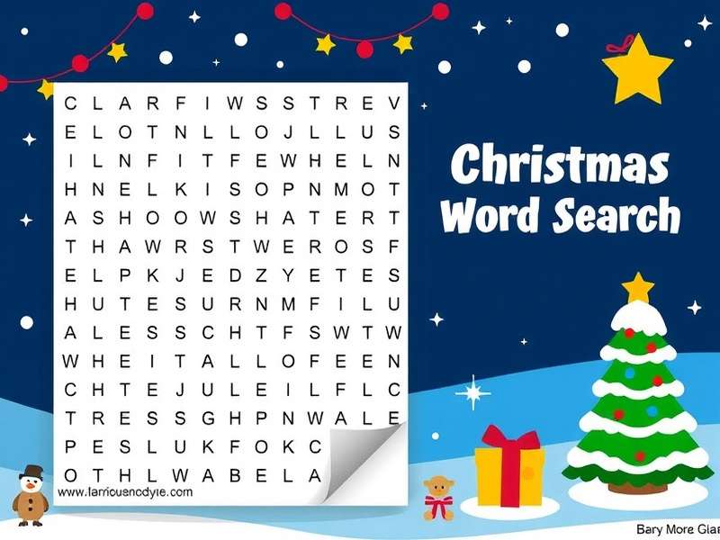 Christmas Word Search Puzzle printable sheet with festive decorations