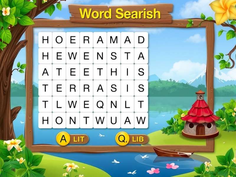 Colorful English word search puzzle grid with highlighted words