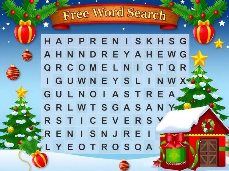 Free Christmas Word Search puzzle grid with festive decorations and holiday words