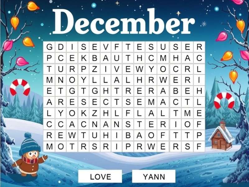 December Word Search festive puzzle grid with Christmas and winter themes