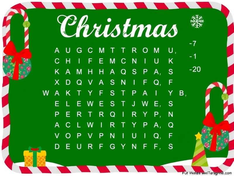 Printable Christmas Word Search puzzle with festive decorations and holiday words