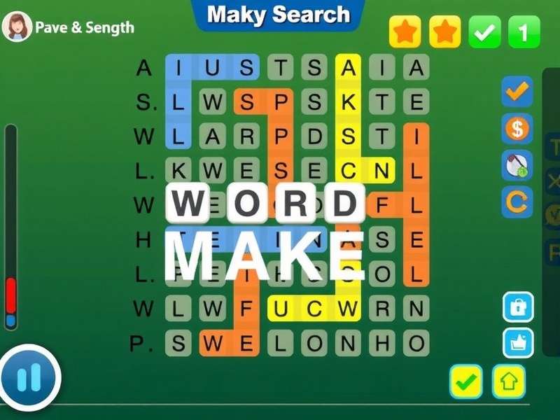 Word Search Maker dashboard showing grid editor, word list panel, and theme selector