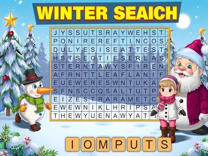 Winter Word Search puzzle board with snowflakes and Indian festive elements