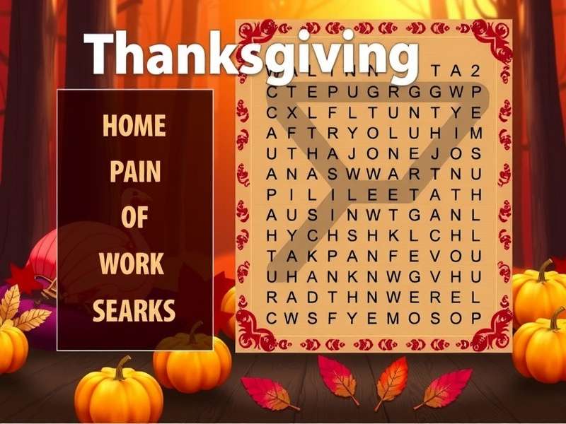 Thanksgiving Word Search puzzle grid with autumn-themed words and festive decorations