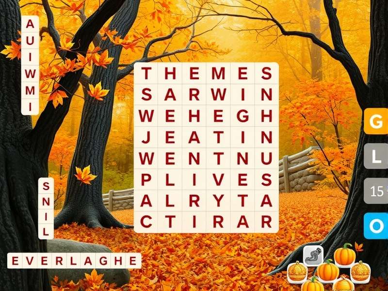 Word Search Autumn puzzle grid showing seasonal words like pumpkin, cozy, harvest, chai, diwali